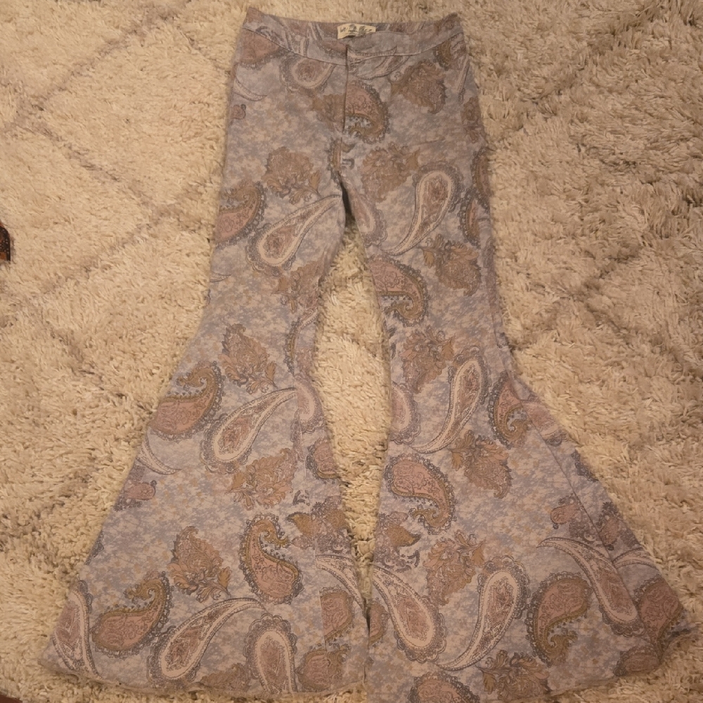 We The Free Paisley Wide-Leg Pants in Light Blue and Tan